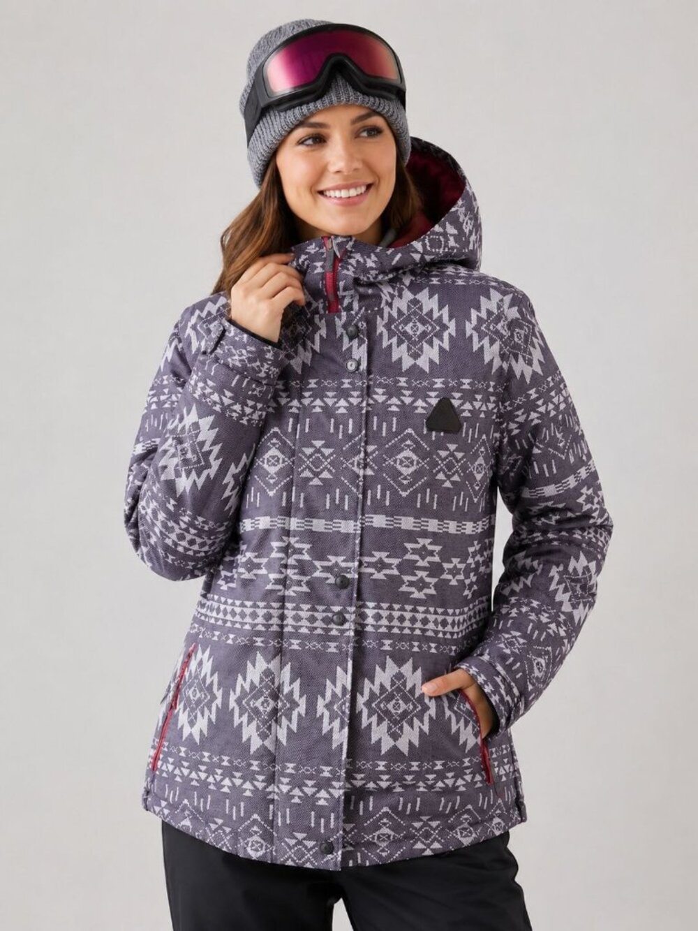 Aperture ski snowboard jacket a distinctive Aztec print in shades of gray, white